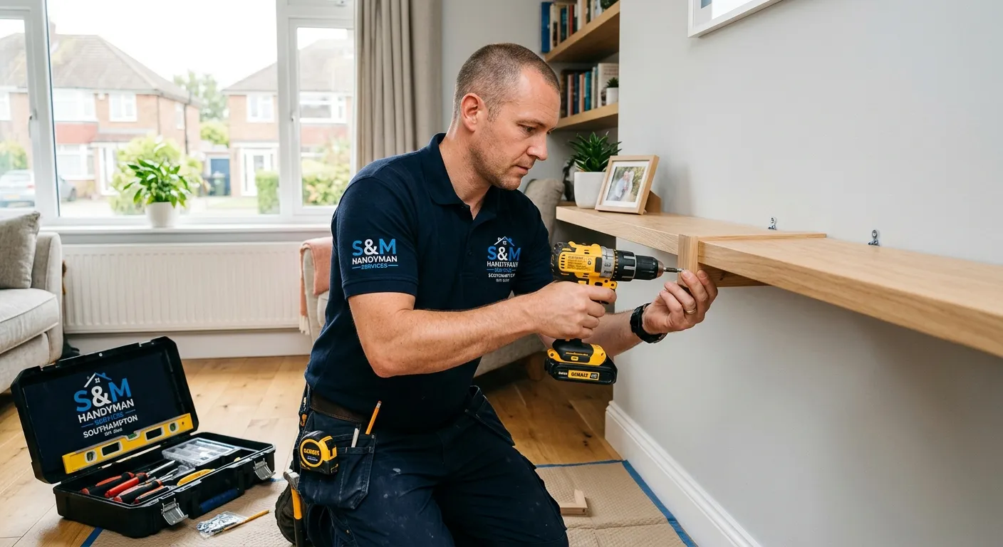 Professional Handyman in Southampton, wearing a branded polo shirt, using a cordless drill to assemb... Professional Handyman in Southampton, wearing a branded polo shirt, using a cordless drill to assemble a shelf in a well-lit residential property. Style: Bright, trustworthy, and focused on skilled work.