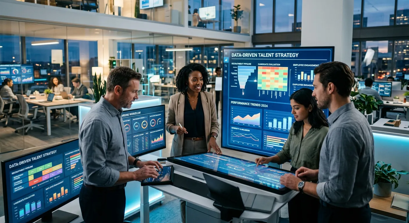 A modern, dynamic office environment with diverse HR professionals and hiring managers collaborating... A modern, dynamic office environment with diverse HR professionals and hiring managers collaborating over digital dashboards and data visualizations on large screens. The mood is futuristic, efficient, and data-driven, with a focus on technology and human collaboration.