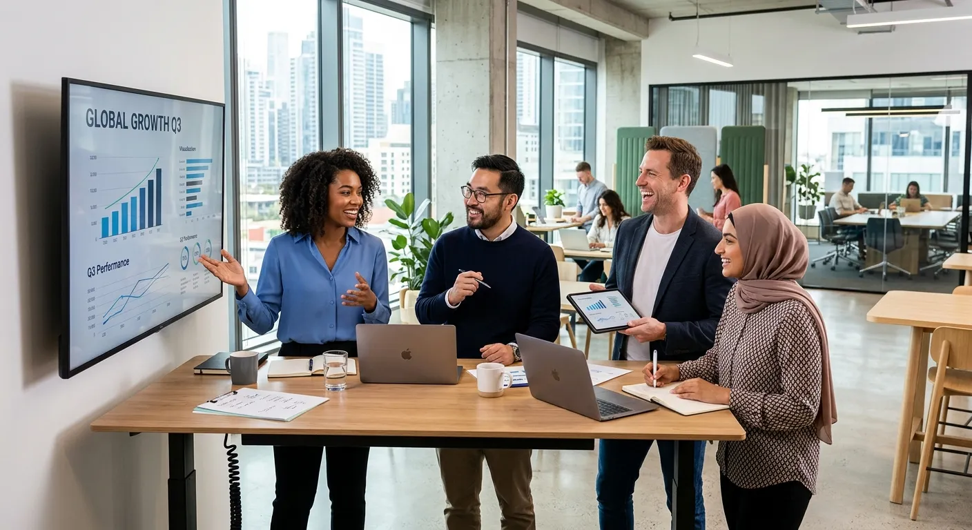 A modern, diverse group of professionals in a bright office collaborating. Style: Professional, high... A modern, diverse group of professionals in a bright office collaborating. Style: Professional, high-resolution, vibrant. Mood: Energetic, collaborative, and efficient.