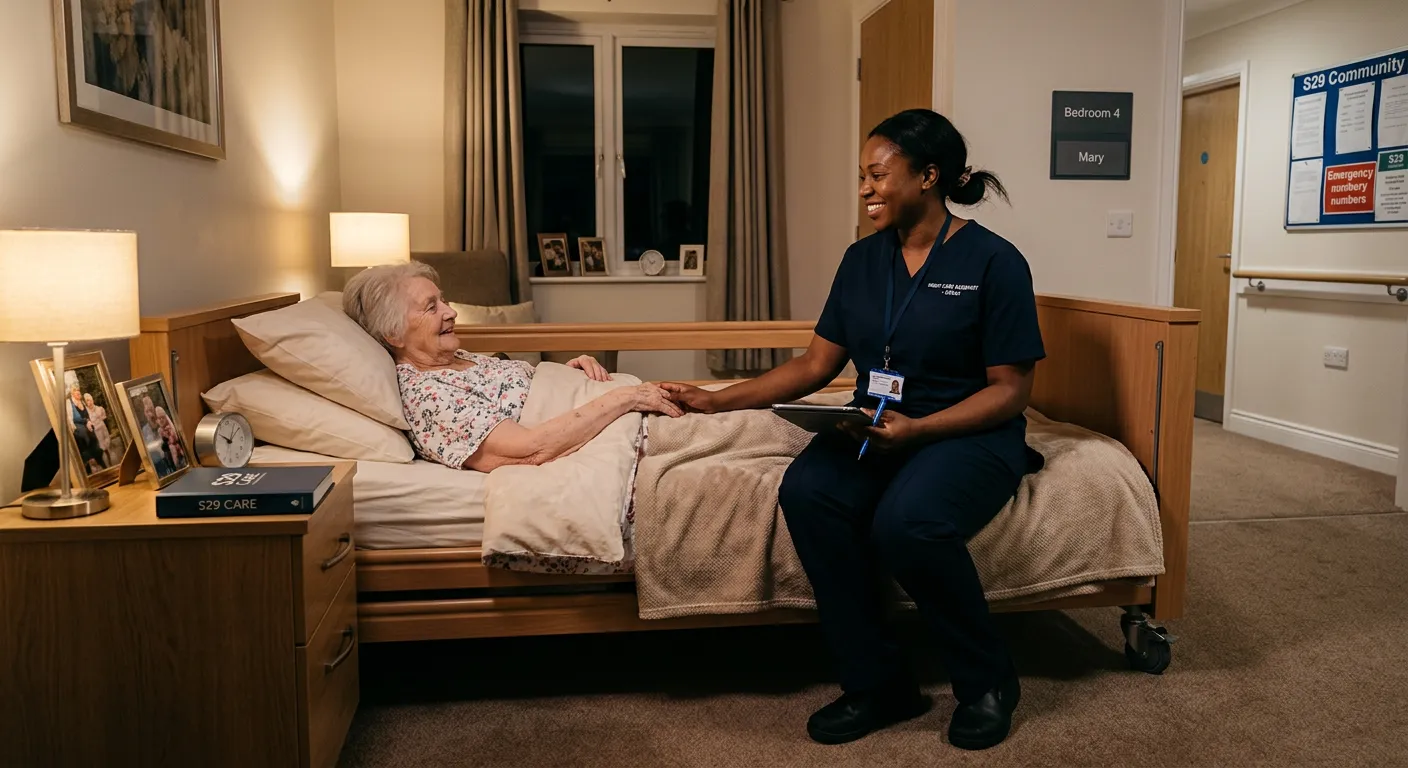 A compassionate and professional Night Care Assistant in a well-lit, calm residential care home sett... A compassionate and professional Night Care Assistant in a well-lit, calm residential care home setting in S29, checking on a resident with a reassuring smile. The image should evoke trust, professionalism, and warmth.