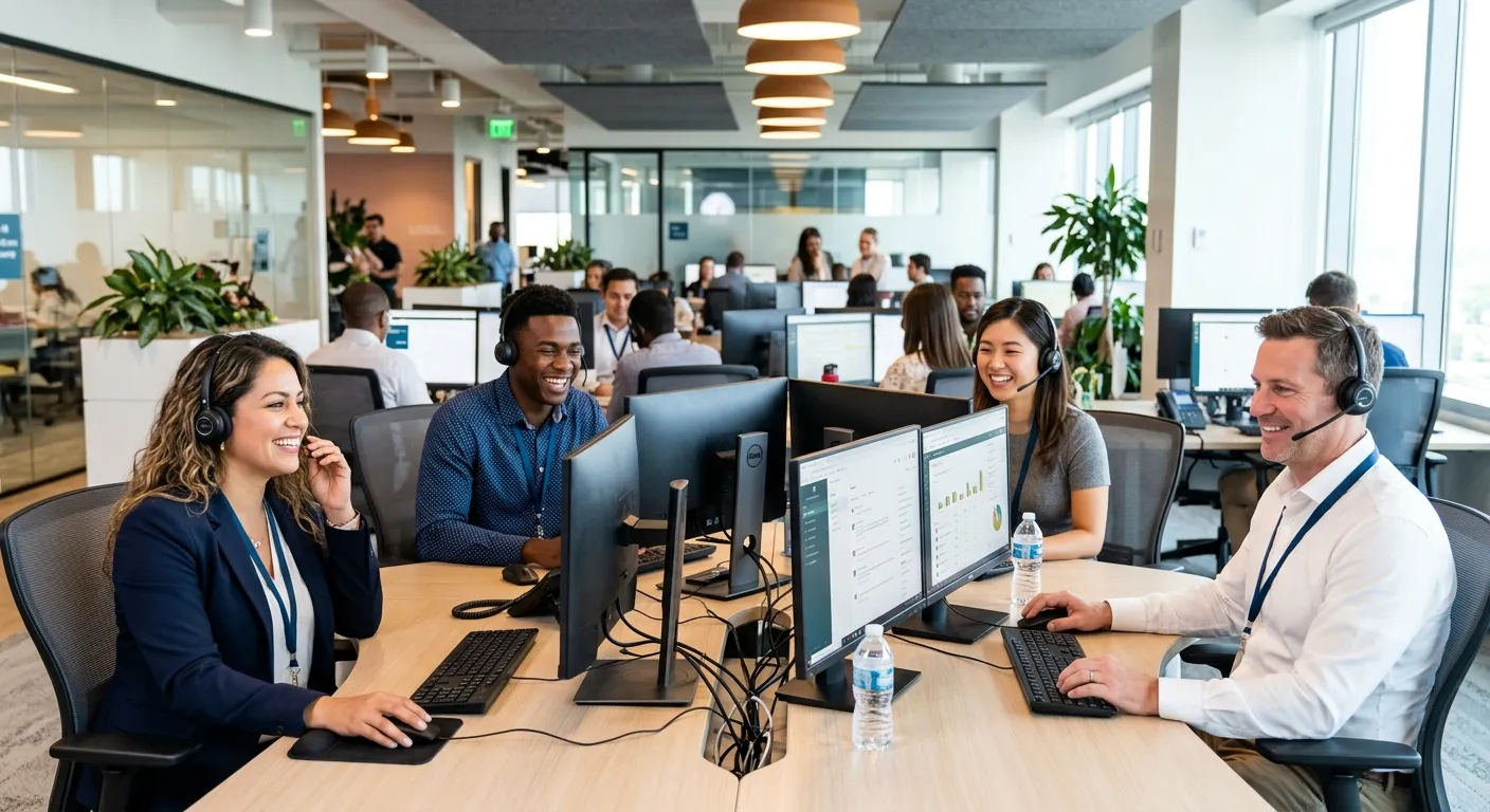 A professional, diverse group of customer service representatives in a modern call center, smiling and wearing headsets, with a clean, bright office background. Style: Professional corporate photography, high contrast, vibrant.