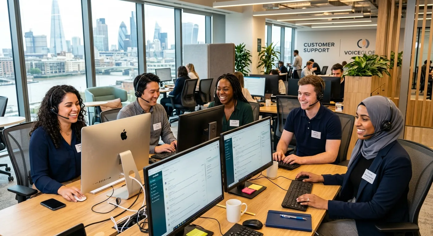 A diverse, professional group of customer service representatives smiling in a modern London office setting, wearing headsets and working at computers. The mood is energetic, welcoming, and professional.
