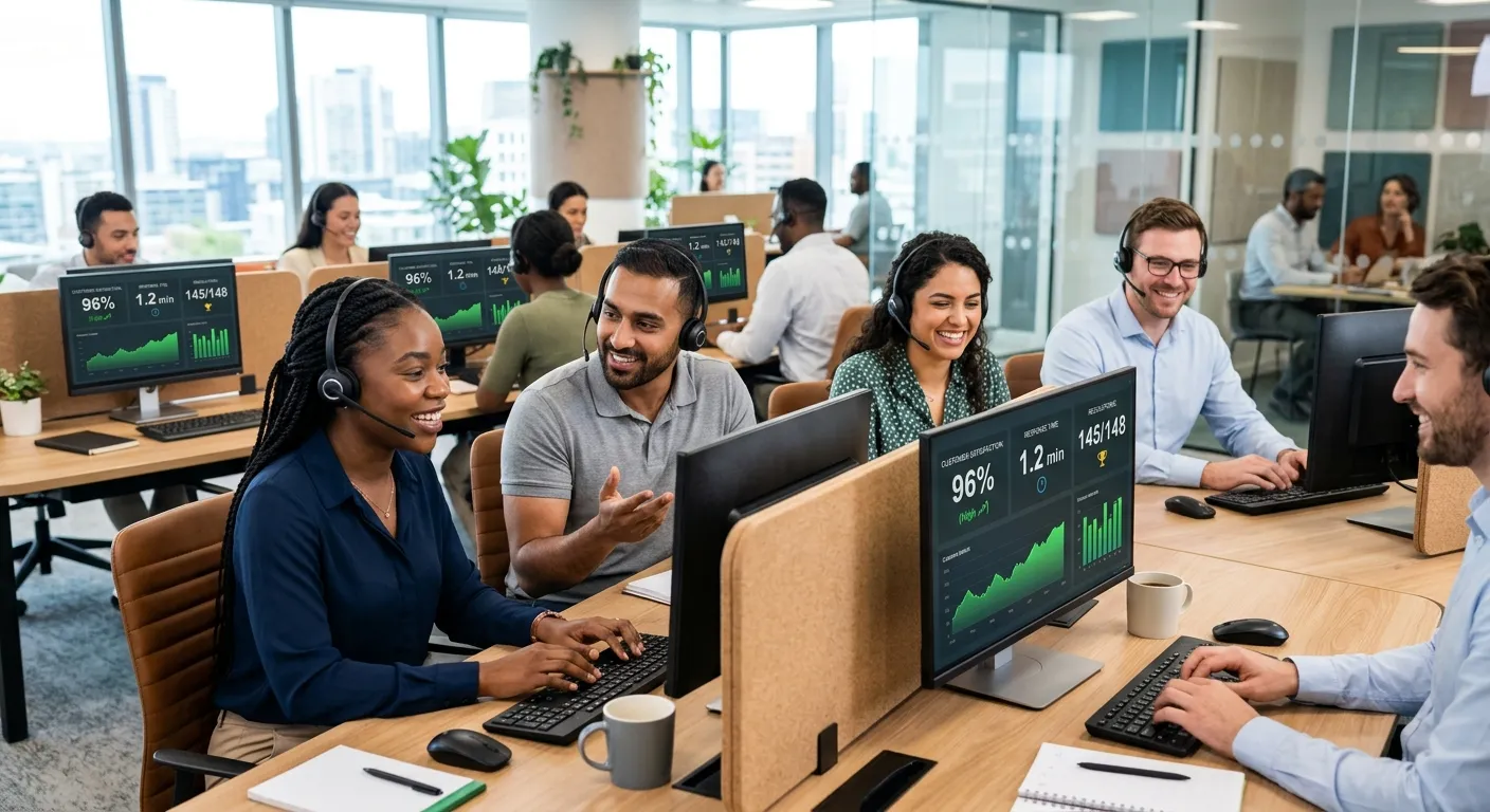 A diverse, professional team of customer service representatives smiling and working collaboratively in a modern contact centre, wearing headsets, with computer screens showing positive customer metrics. Style: Professional, bright, and engaging.