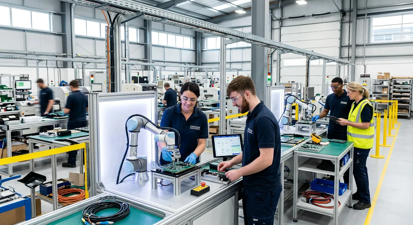 Modern, vibrant industrial scene inside a Croydon manufacturing facility. Show skilled workers operating advanced machinery on a bright assembly line, focusing on teamwork and precision. Mood: professional, energetic, high-tech.
