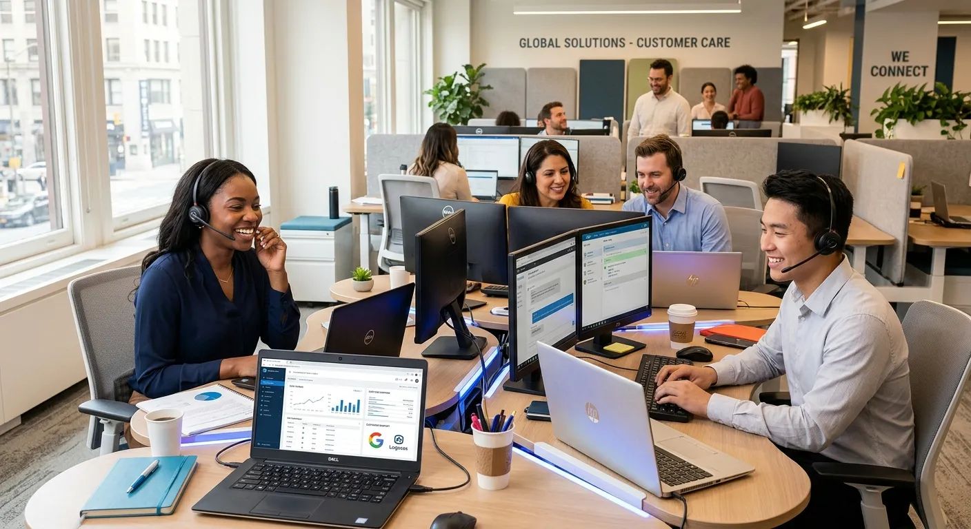 A diverse, professional team of customer service representatives in a modern call center, smiling an... A diverse, professional team of customer service representatives in a modern call center, smiling and wearing headsets, bathed in natural light. Focus on a friendly, collaborative, and high-tech atmosphere.