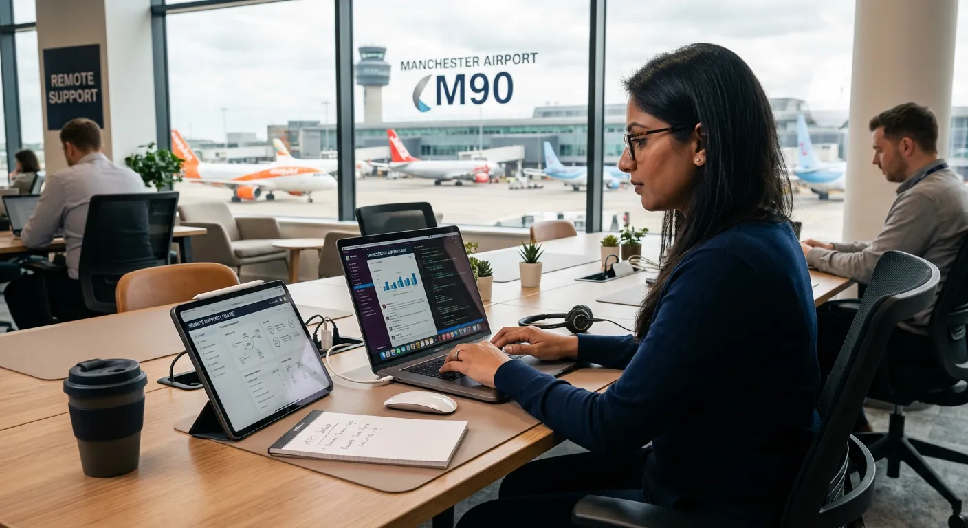Professional photo of a modern office workspace at Manchester Airport M90, showing a person working... Professional photo of a modern office workspace at Manchester Airport M90, showing a person working efficiently on a laptop and tablet, with a focus on organisation and remote support. The mood is productive, focused, and dynamic.