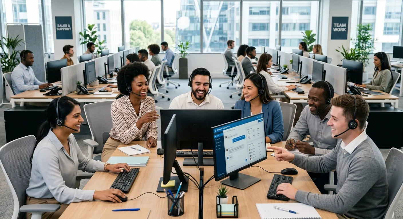 A modern, diverse group of professional customer service agents smiling and working collaboratively in a bright, contemporary office call center. Focus on positive, energetic mood and professional attire.
