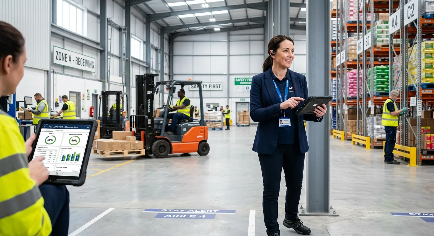 A professional, confident Warehouse Manager in a modern, clean Aberdeen warehouse, overseeing operations with a tablet in hand. Bright, well-lit, with a sense of efficiency and control.