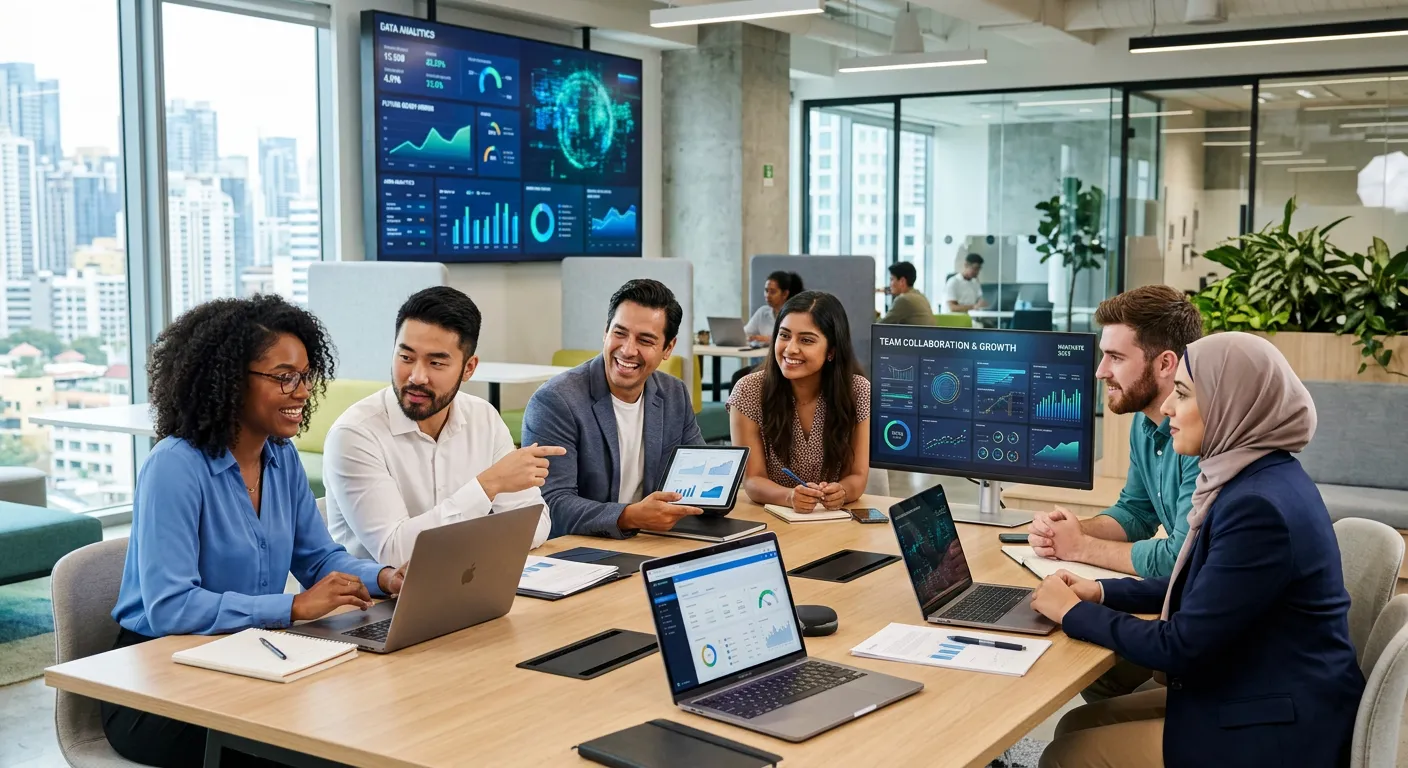 Modern, diverse team of professionals collaborating in a bright, tech-enabled office space, with data visualizations and screens in the background, symbolizing future-focused hiring. Style: Professional, optimistic, high-tech.