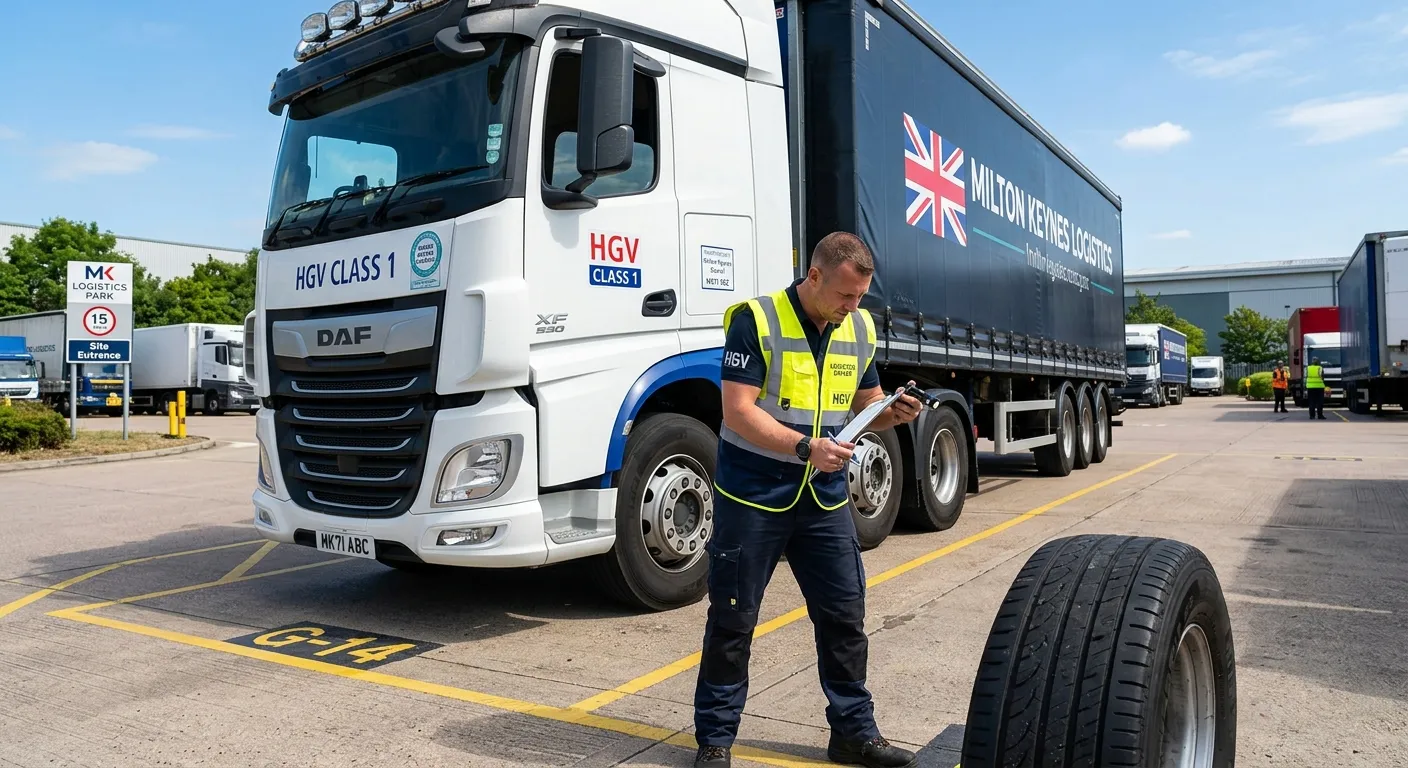Professional, confident HGV Driver in hi-vis vest performing a vehicle check on a modern Class 1 lor... Professional, confident HGV Driver in hi-vis vest performing a vehicle check on a modern Class 1 lorry at a Milton Keynes logistics park, sunny day, UK style
