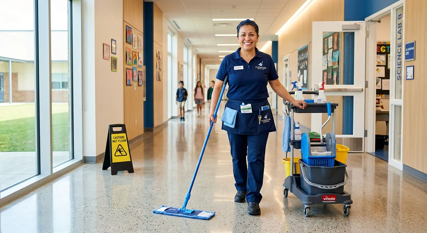 Professional and welcoming image of a cleaner in a modern school corridor, smiling and holding clean... Professional and welcoming image of a cleaner in a modern school corridor, smiling and holding cleaning equipment. The image should convey cleanliness, safety, and a positive work environment. Style: Bright, realistic, professional photography.