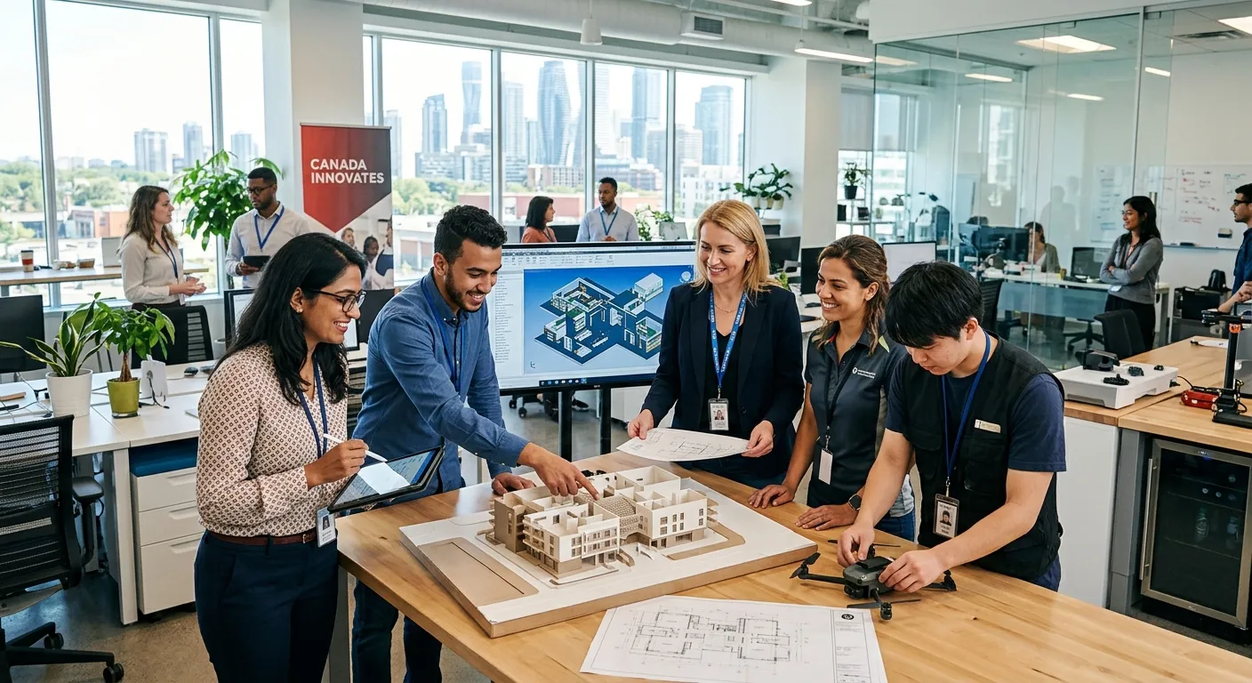 A professional, diverse group of skilled temporary foreign workers collaborating in a modern Canadia... A professional, diverse group of skilled temporary foreign workers collaborating in a modern Canadian workplace, such as a tech office, construction site, or agricultural setting. Style: Bright, optimistic, professional. Mood: Collaborative and productive.