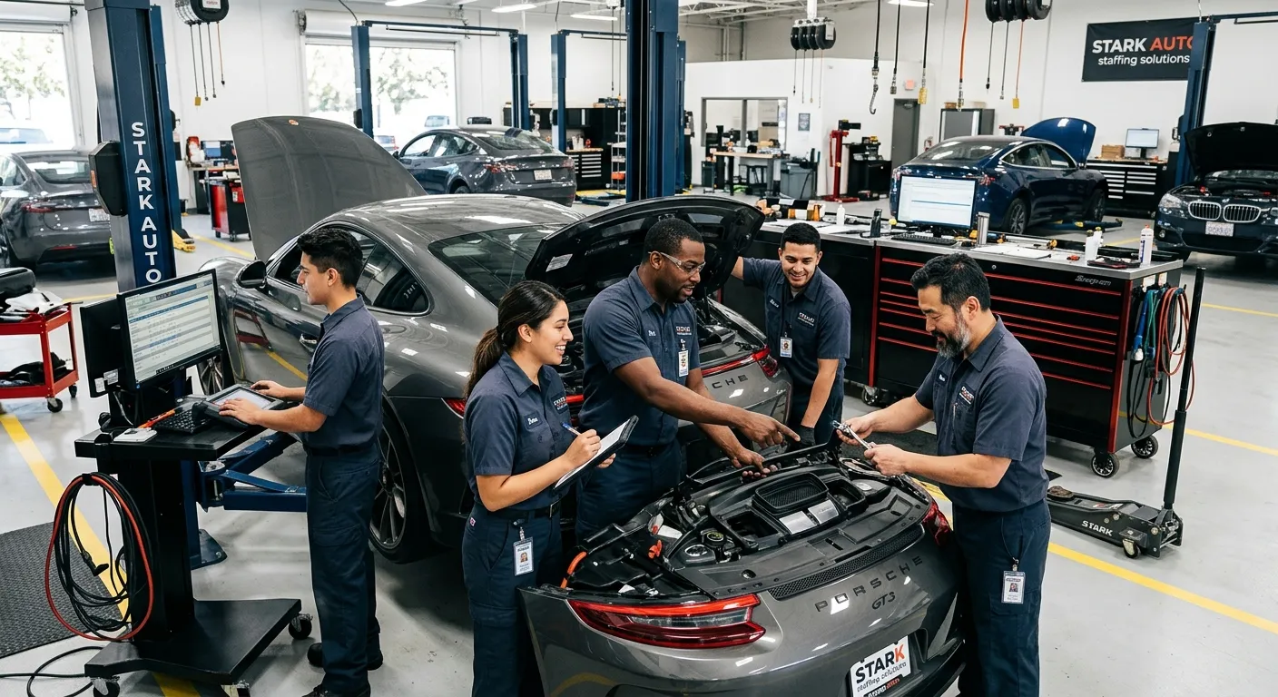 A modern, well-lit automotive workshop with a diverse team of skilled technicians and mechanics collaborating on a vehicle, representing professional staffing solutions. Professional, high-energy mood.