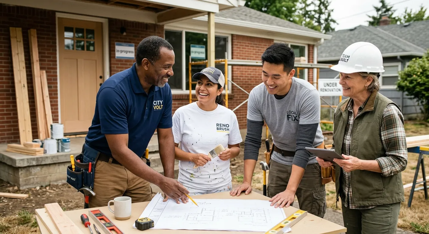 A professional, diverse team of local contractors—including a handyman, painter, and electrician—collaborating on a small residential renovation project, smiling and discussing plans. Modern, bright, and authentic style.