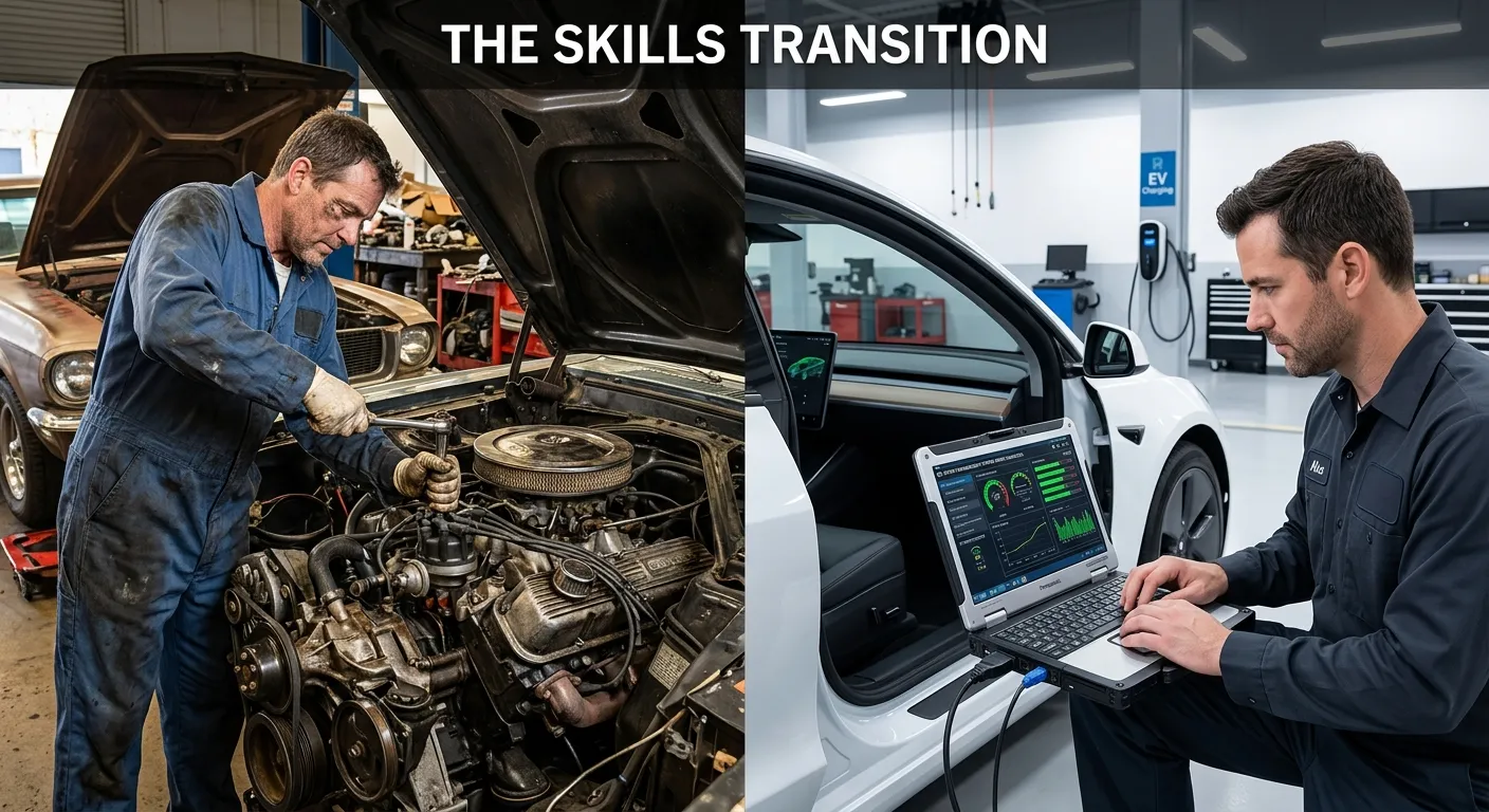 A split image showing a technician working on a traditional combustion engine on the left, and a technician using a laptop to diagnose an electric vehicle's battery management system on the right. Visual metaphor for the skills transition.