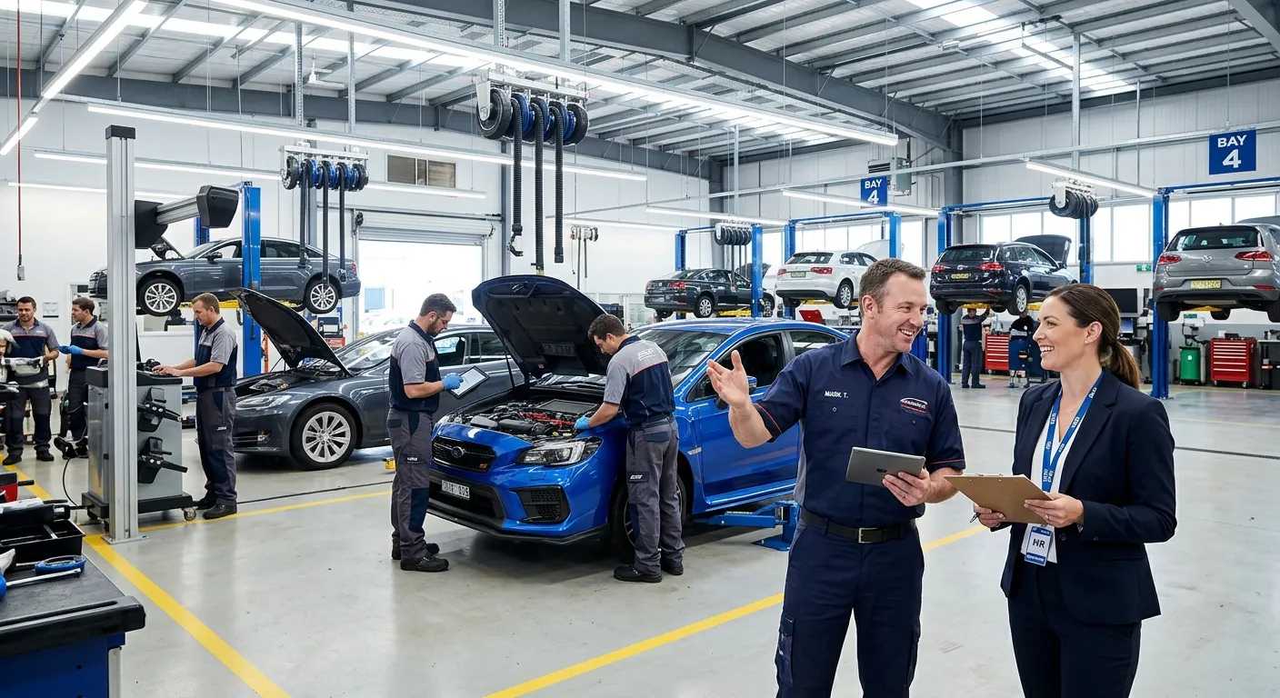 A modern, high-energy automotive workshop with skilled technicians in clean uniforms working on vari... A modern, high-energy automotive workshop with skilled technicians in clean uniforms working on various vehicles, with a professional recruiter in the foreground discussing with a manager. Professional, bright, and dynamic mood.