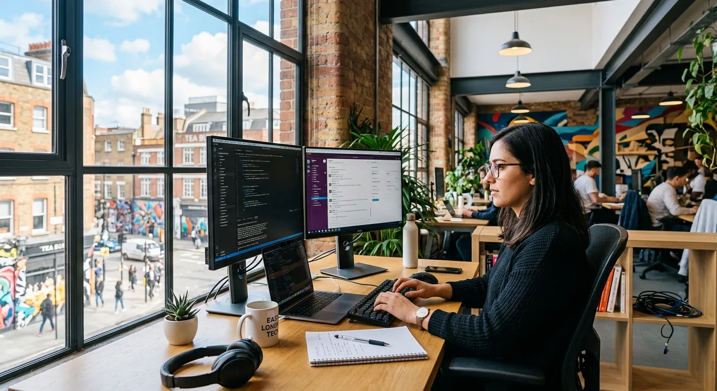 A modern, professional office in Shoreditch, with a focused individual working on a dual-monitor com... A modern, professional office in Shoreditch, with a focused individual working on a dual-monitor computer setup, capturing the vibrant, creative energy of the E1 area. Style: Bright, realistic, and professional.