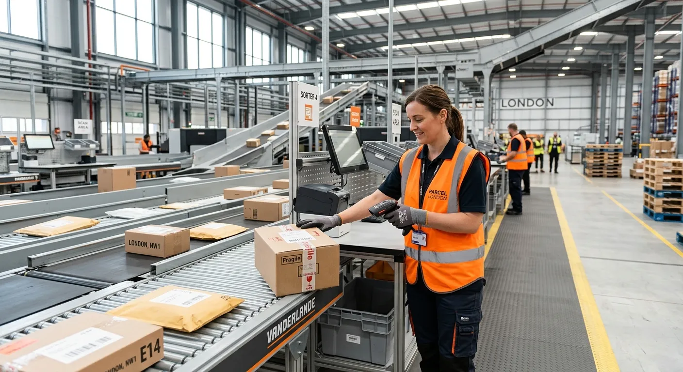 A professional, well-lit photo of a modern parcel sorting warehouse in London. Focus on a worker in... A professional, well-lit photo of a modern parcel sorting warehouse in London. Focus on a worker in high-visibility attire accurately scanning and placing parcels onto a conveyor belt system, conveying efficiency and a clean, organised work environment.