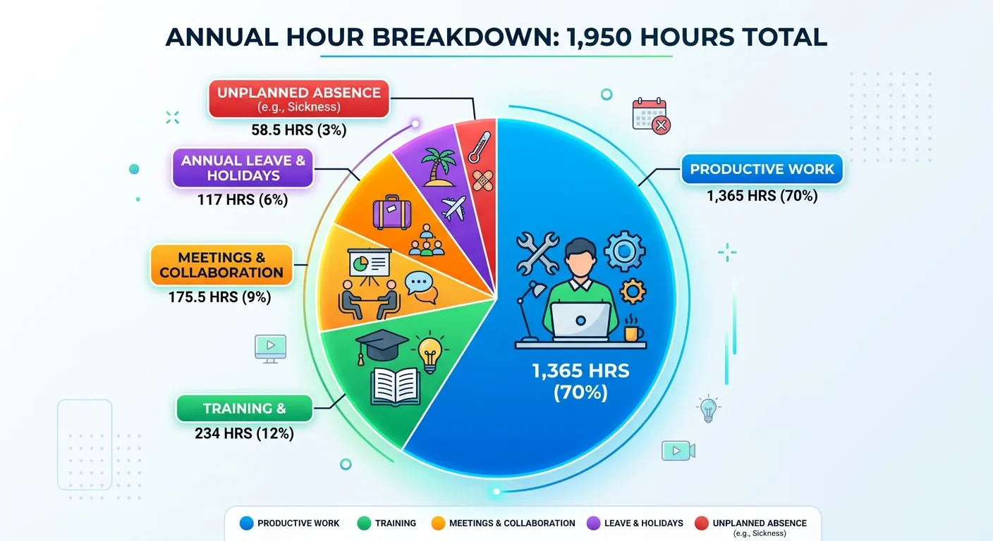An infographic showing a pie chart breaking down 1,950 annual hours into productive work, leave, training, meetings, and unplanned absence, with percentages for each segment.