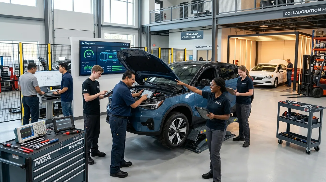 A dynamic, high-resolution hero image showing a diverse team of automotive professionals collaborating in a modern, clean auto workshop. A mix of technicians, engineers, and logistics coordinators are shown working on vehicle diagnostics and planning. Style is professional, bright, and forward-looking, emphasizing teamwork and technology.