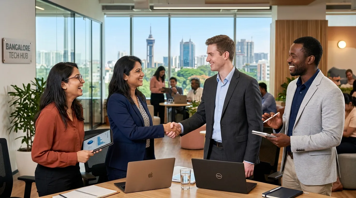 A dynamic, professional hero image showing a diverse group of professionals in a modern Bangalore of... A dynamic, professional hero image showing a diverse group of professionals in a modern Bangalore office setting, shaking hands and collaborating. The style should be bright, optimistic, and convey success and partnership.
