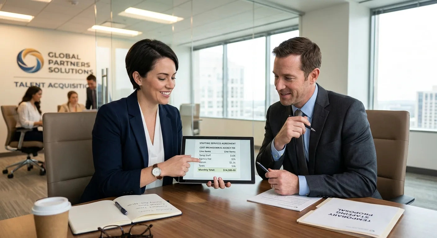 A professional business setting, a hiring manager and a temp agency representative reviewing a contr... A professional business setting, a hiring manager and a temp agency representative reviewing a contract and cost breakdown on a tablet. Style is modern, corporate, and focused on transparent partnership. Mood is confident, collaborative, and financially savvy.