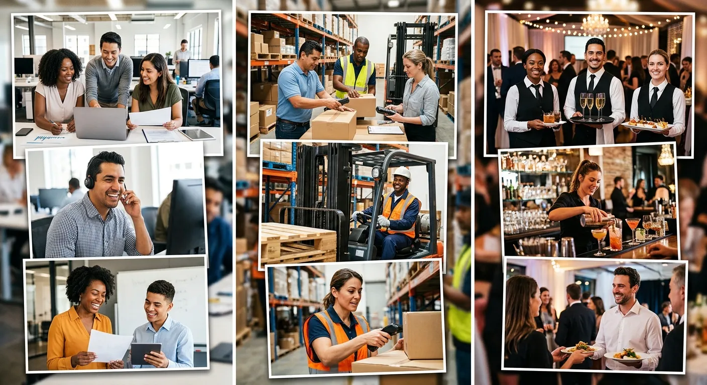 A dynamic, professional photo collage featuring a diverse team of temporary workers in various settings – a modern office, a bustling warehouse, and an elegant hospitality event. The style is bright, authentic, and energetic, showcasing real interactions and professional environments.