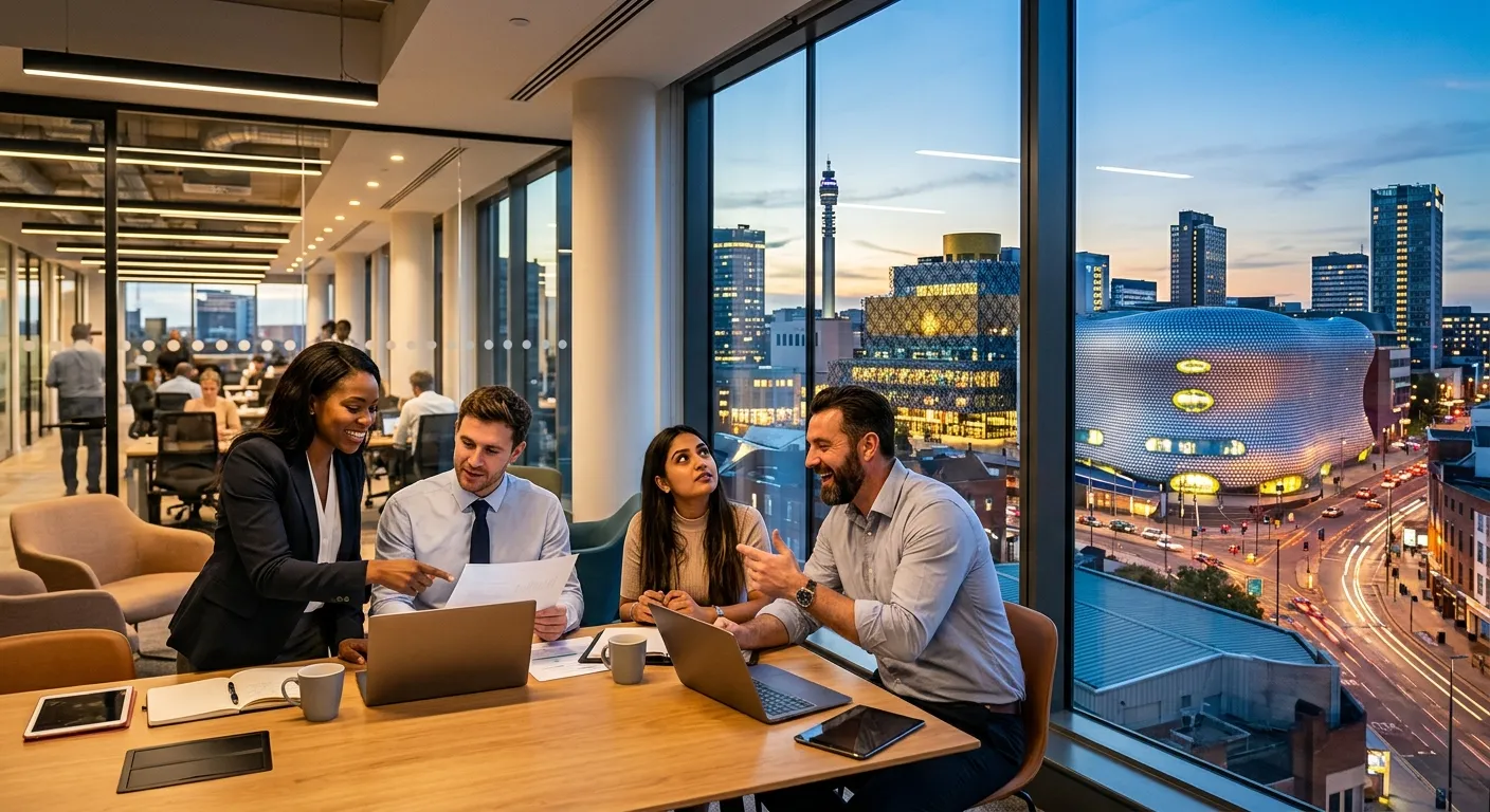 A dynamic, professional photo of Birmingham's skyline (including the Bullring and Library of Birming... A dynamic, professional photo of Birmingham's skyline (including the Bullring and Library of Birmingham) blending with a diverse group of professionals in a modern office setting. Style: High-contrast, vibrant, and inspiring. Mood: Energetic, professional, and forward-looking.