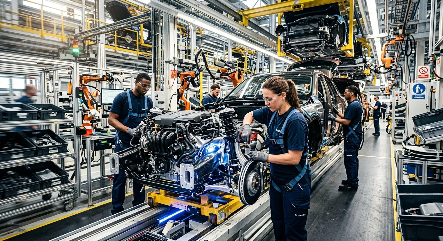 A dynamic, high-contrast photo of a modern automotive assembly line with skilled technicians working... A dynamic, high-contrast photo of a modern automotive assembly line with skilled technicians working on vehicle components. Professional, vibrant, and focused on industry excellence.