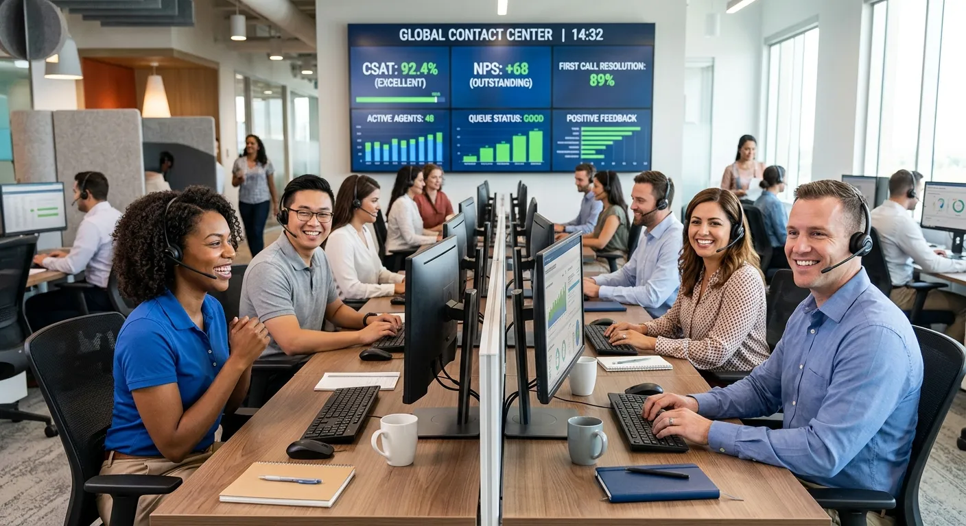 A diverse, professional team of customer service representatives in a modern contact centre, smiling... A diverse, professional team of customer service representatives in a modern contact centre, smiling and wearing headsets, with a blurred background of digital screens showing positive customer satisfaction metrics. Style: Professional, bright, and engaging.