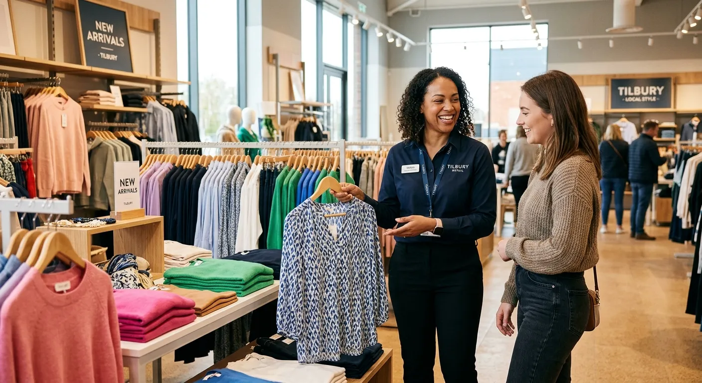 A professional, confident Sales Assistant smiling while assisting a customer in a bright, modern ret... A professional, confident Sales Assistant smiling while assisting a customer in a bright, modern retail store in Tilbury. Focus on a friendly, approachable mood.