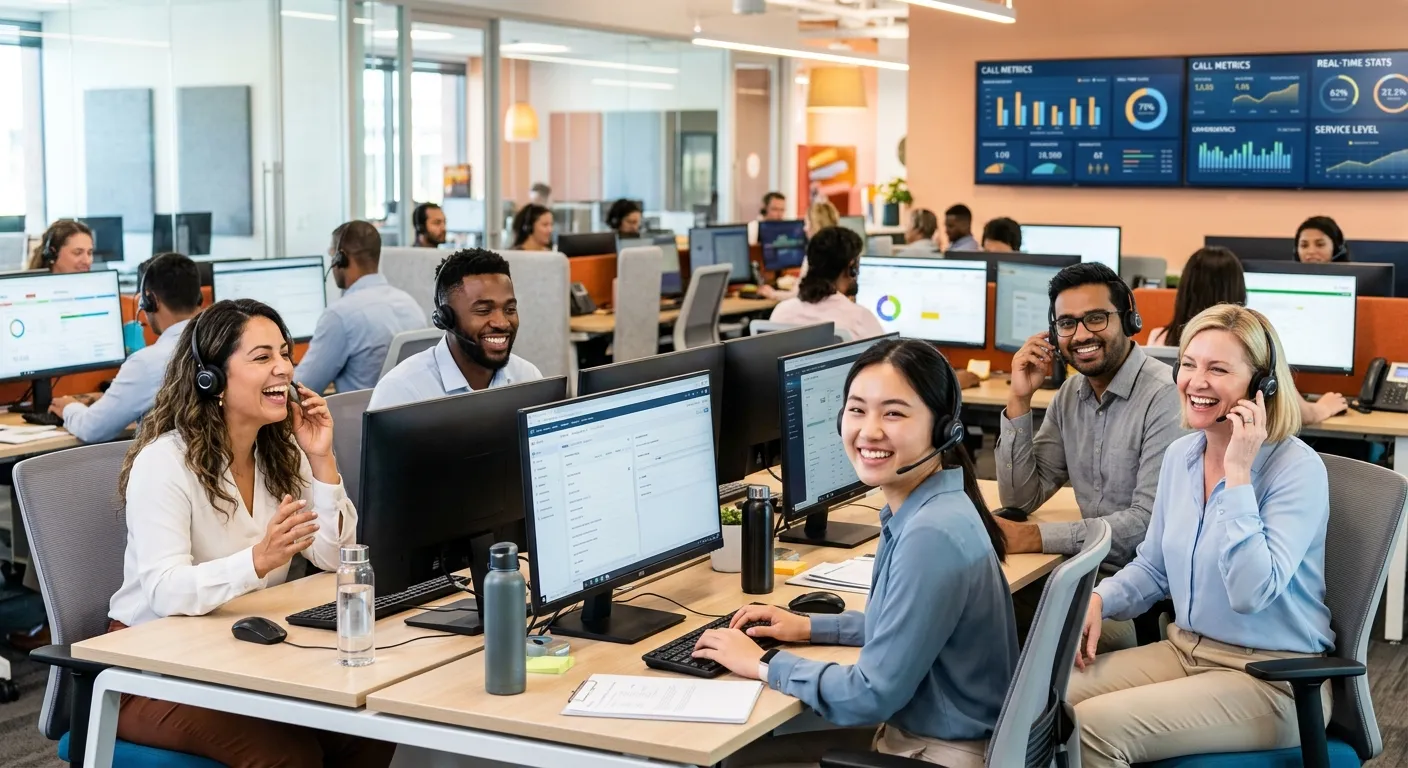 A diverse, professional team of customer service representatives in a modern contact center, smiling and wearing headsets, with a blurred background of multiple monitors displaying analytics dashboards. Style is bright, professional, and energetic.