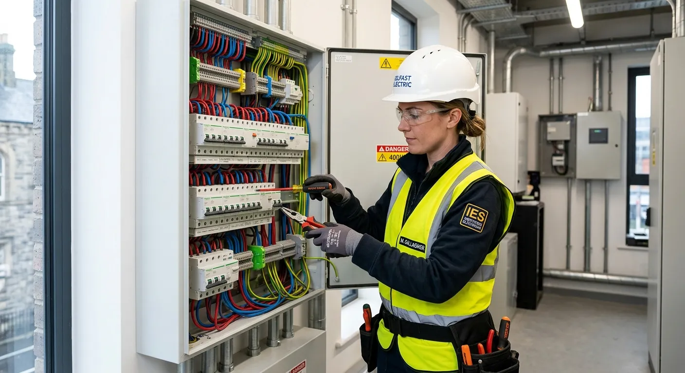 Professional, well-lit image of a certified electrician in full PPE (hard hat, hi-vis vest, safety glasses) working on a modern electrical panel in a commercial or residential setting in Belfast. The mood should be confident, skilled, and trustworthy.
