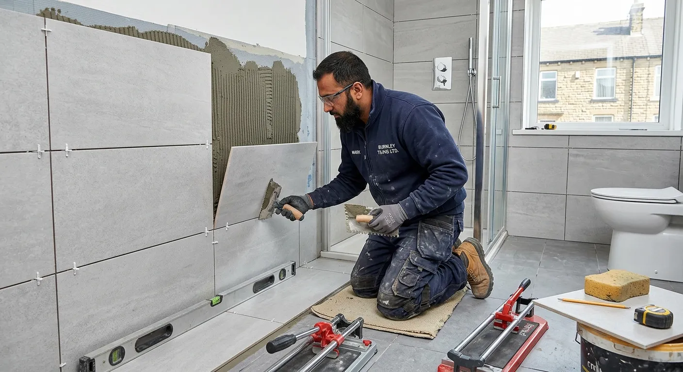 Professional photo of a skilled tiler at work in a modern Burnley bathroom renovation, carefully laying ceramic tiles with precision tools, wearing safety gear, in a clean, well-lit environment.