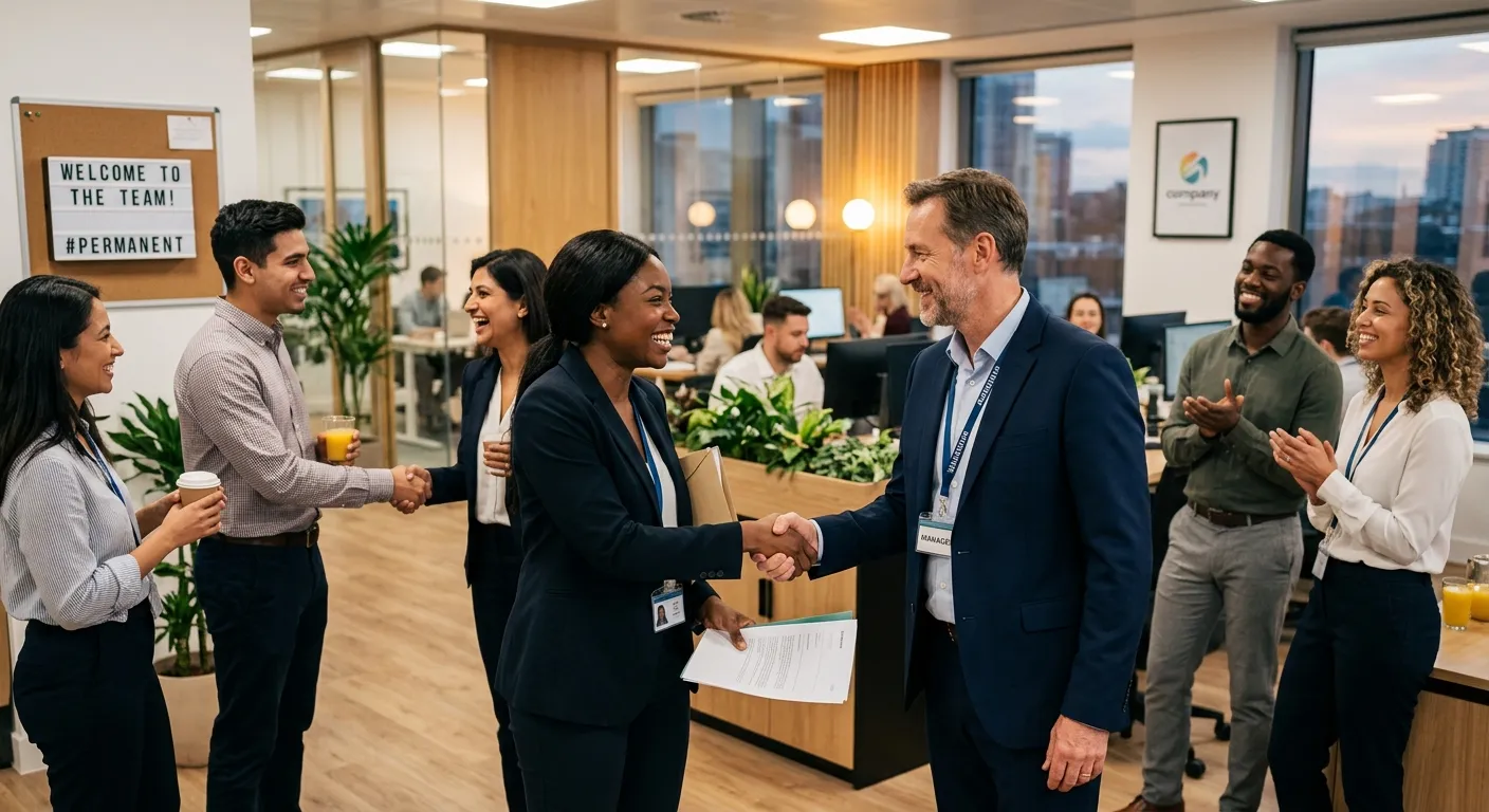 A diverse group of professional agency workers in a modern office setting, some shaking hands with managers, symbolizing the transition from temporary to permanent employment. Professional, optimistic mood with warm lighting.