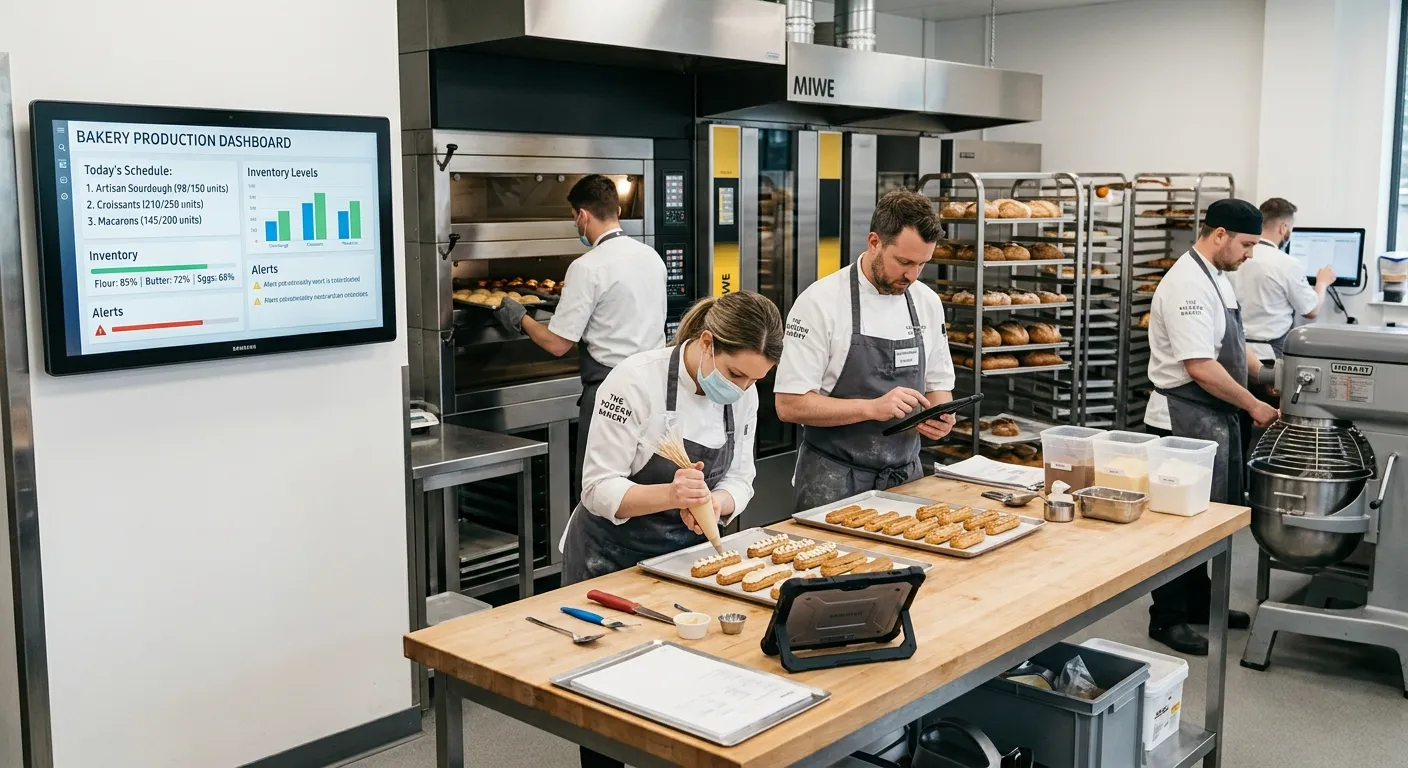 A modern, high-tech bakery kitchen with professional bakers and pastry chefs in crisp uniforms working alongside sleek digital screens displaying production data and inventory levels, showcasing a blend of artisanal skill and technology.