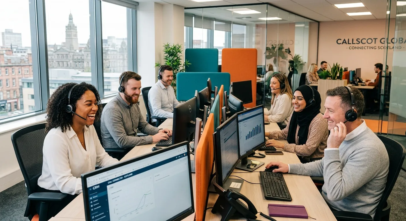 A professional, diverse group of call centre agents smiling and wearing headsets in a modern, bright... A professional, diverse group of call centre agents smiling and wearing headsets in a modern, bright office environment in Glasgow, representing a positive and collaborative workplace.
