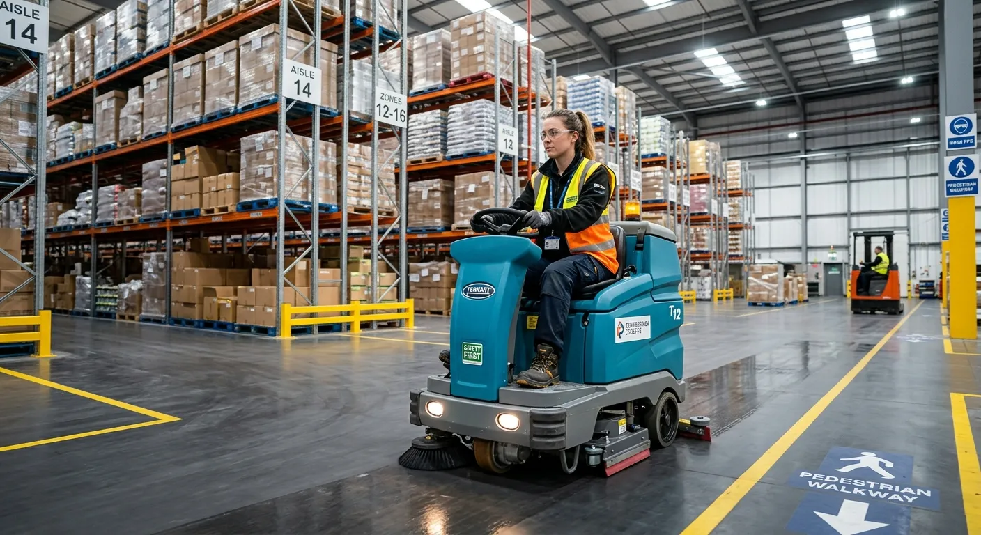 Professional, well-lit photo of a Warehouse Cleaner in a modern, organised Peterborough warehouse, w... Professional, well-lit photo of a Warehouse Cleaner in a modern, organised Peterborough warehouse, wearing hi-vis and safety boots, operating a floor scrubber. The image should convey cleanliness, safety, and a professional work environment.