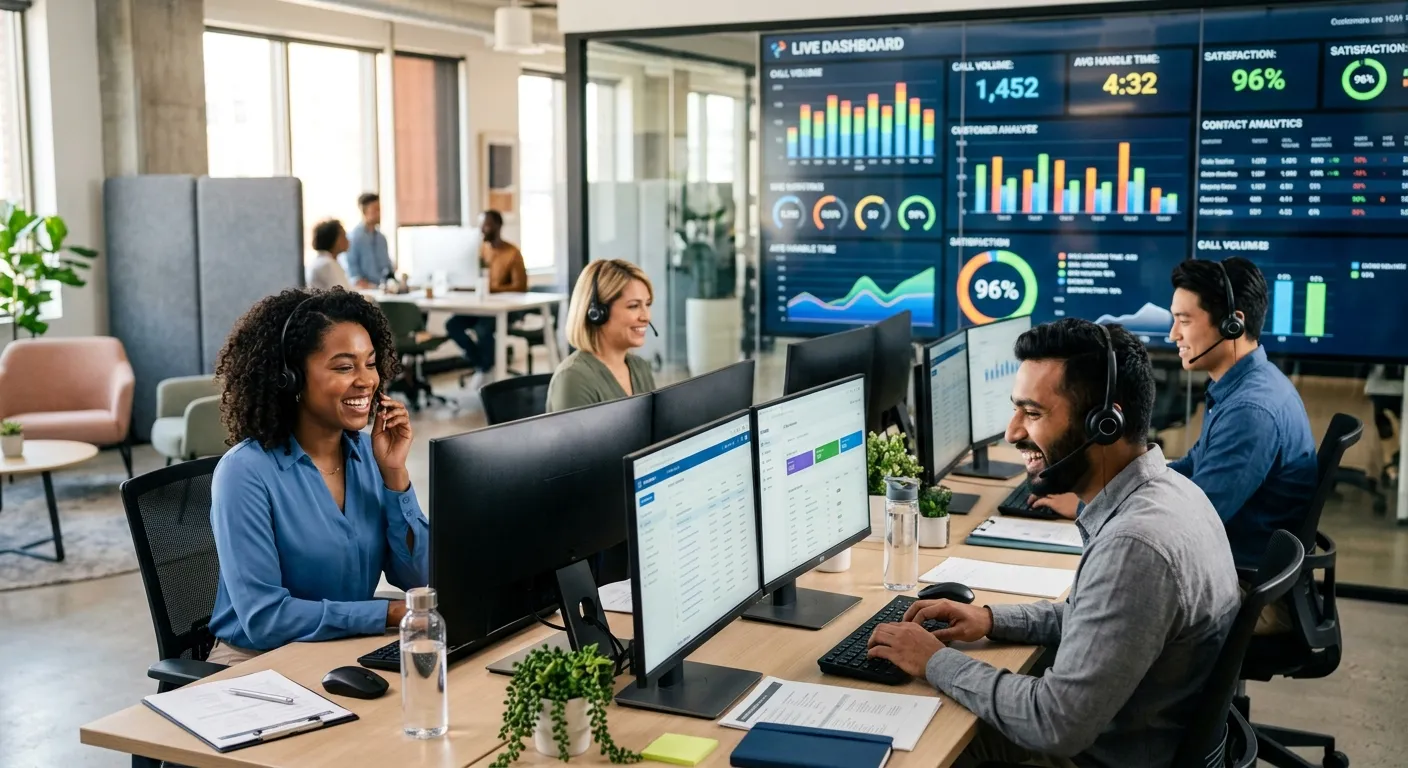 A diverse, professional team of customer service agents in a modern contact center, smiling and wear... A diverse, professional team of customer service agents in a modern contact center, smiling and wearing headsets, with multiple monitors displaying analytics dashboards in the background. Style: Professional, vibrant, and high-energy.