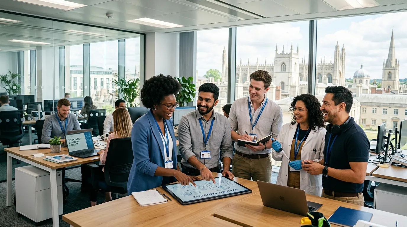 A professional, dynamic hero image showing a diverse group of temporary workers collaborating in a m... A professional, dynamic hero image showing a diverse group of temporary workers collaborating in a modern Cambridge office or lab setting, with the historic Cambridge skyline subtly visible in the background. Style: Authentic, high-energy, professional.