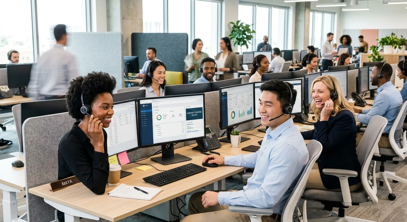 A professional, high-energy office scene. A diverse team of customer service representatives smiling... A professional, high-energy office scene. A diverse team of customer service representatives smiling and wearing headsets, working in a modern contact center with multiple monitors. The image should convey professionalism, teamwork, and positive energy. Style: Bright, clean, corporate photography.