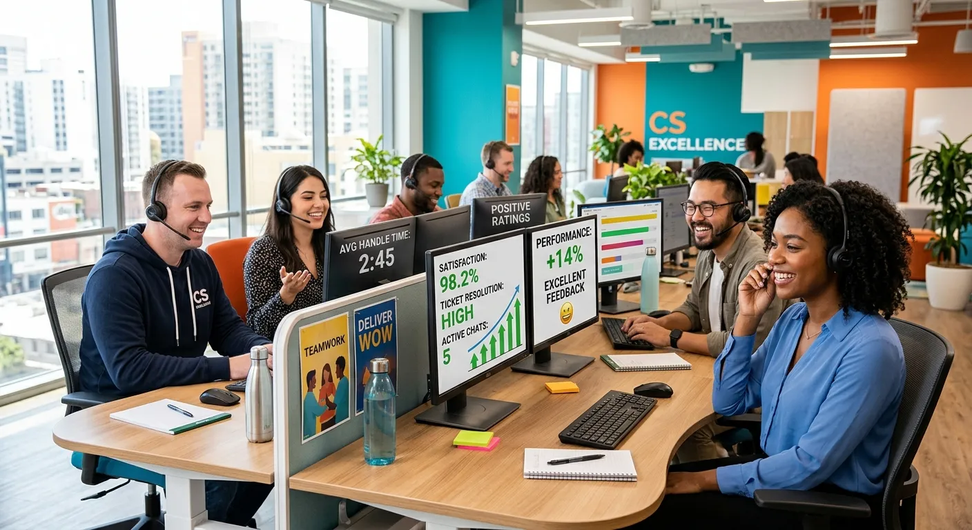 Modern, diverse team of customer service professionals in a bright, collaborative call center or off... Modern, diverse team of customer service professionals in a bright, collaborative call center or office environment, smiling and wearing headsets, with computer screens showing positive metrics. Style: Professional, vibrant, and energetic.