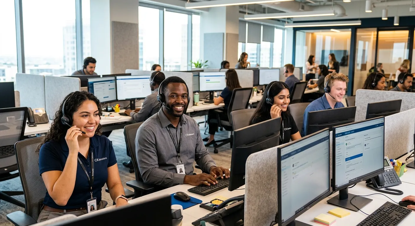A professional, high-resolution image of a diverse team of customer service representatives smiling... A professional, high-resolution image of a diverse team of customer service representatives smiling and wearing headsets in a modern, bright call center environment. Style: Corporate, welcoming, high-contrast. Mood: Professional, efficient, and collaborative.