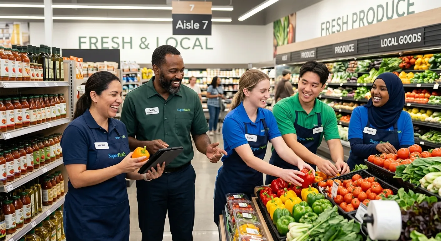 Professional, well-lit image of a diverse team of supermarket/grocery store employees in uniform, sm... Professional, well-lit image of a diverse team of supermarket/grocery store employees in uniform, smiling and collaborating in a modern, clean grocery aisle. Focus on teamwork and a positive work environment.
