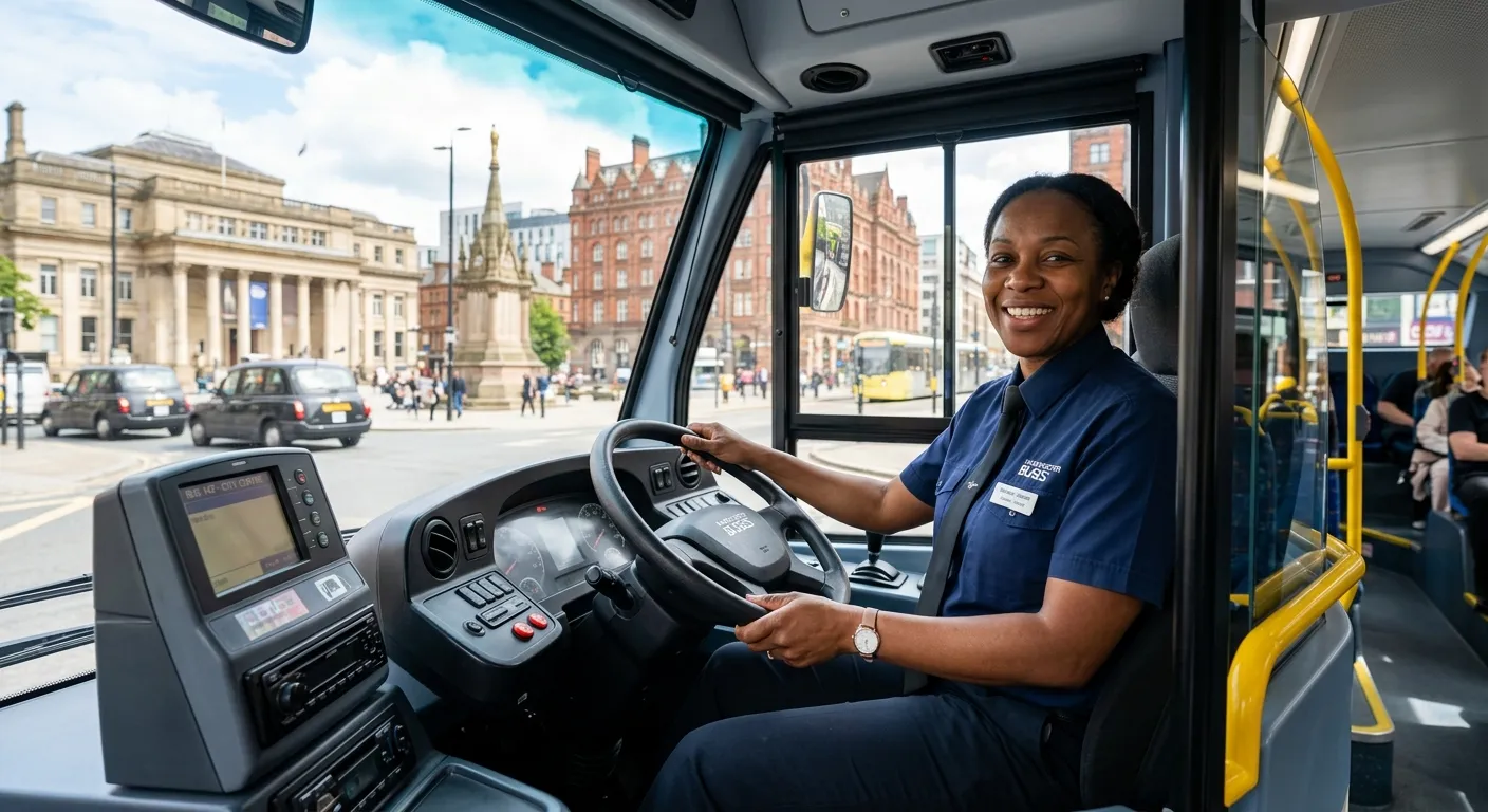 A professional, friendly bus driver in a clean uniform, smiling and holding a steering wheel on a mo... A professional, friendly bus driver in a clean uniform, smiling and holding a steering wheel on a modern single-decker bus, with Manchester city centre buildings visible through the window. Style: Authentic, professional, bright and welcoming.