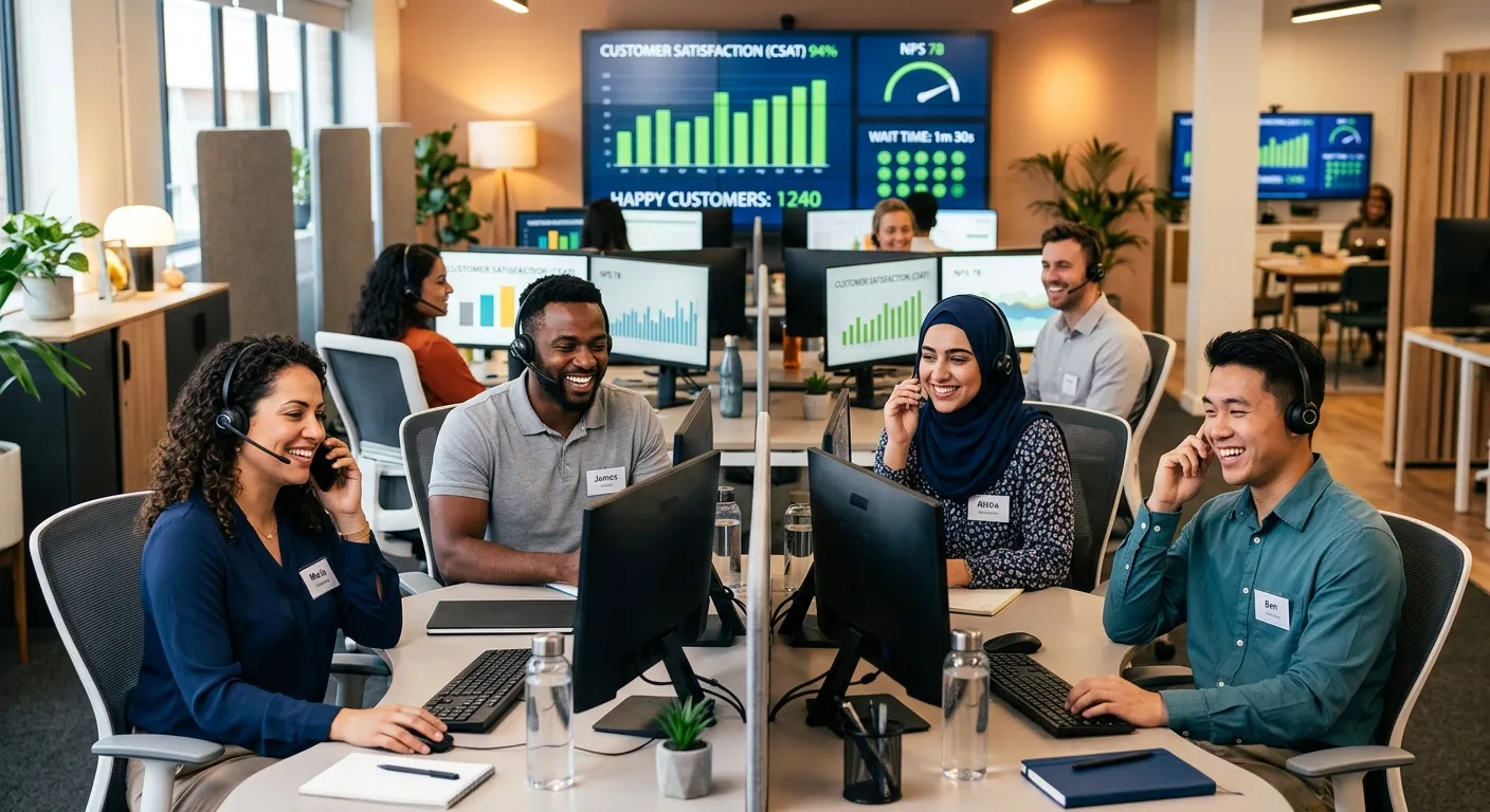 A diverse, professional team of customer service representatives in a modern call centre, smiling an... A diverse, professional team of customer service representatives in a modern call centre, smiling and wearing headsets, with a blurred background of monitors showing positive customer satisfaction metrics. Professional, vibrant, and confident mood.