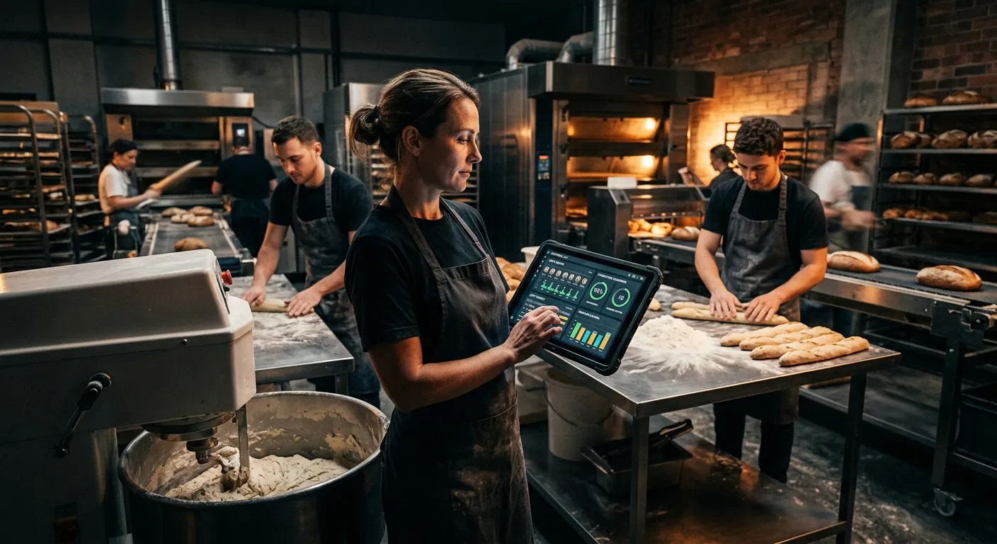 A dynamic, high-contrast hero image showing a modern bakery production line with skilled staff and digital tablets displaying staffing dashboards, blending traditional craft with technology. Moody lighting with highlights on faces and screens.