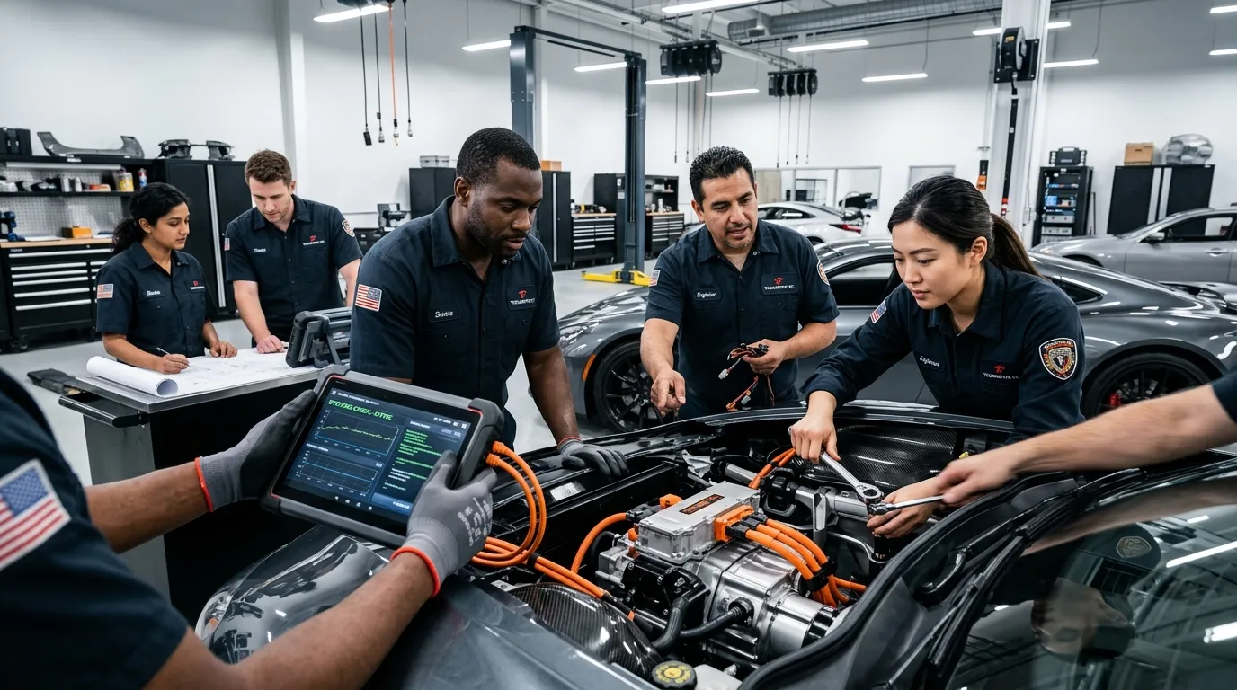 A dynamic, professional hero image showing a diverse team of automotive engineers and technicians collaborating in a modern, clean garage or workshop. Focus on skilled hands working on vehicle diagnostics or assembly. Style: High-contrast, sharp, and inspiring.