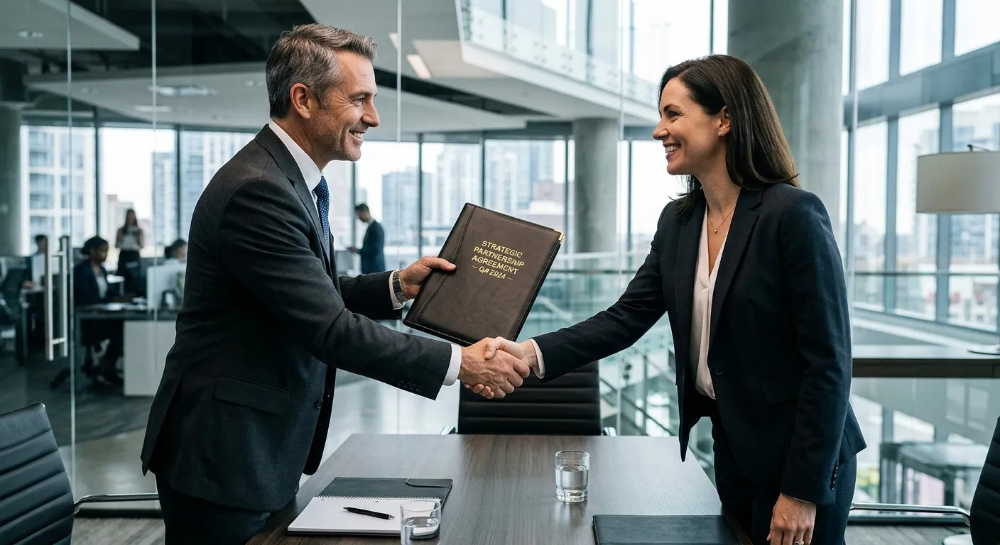 A professional, high-contrast photo of two business professionals in a modern office shaking hands,... A professional, high-contrast photo of two business professionals in a modern office shaking hands, one presenting a dossier. Style: Corporate, sharp, focused on the handshake and documents. Mood: Trust, success, and strategic partnership.