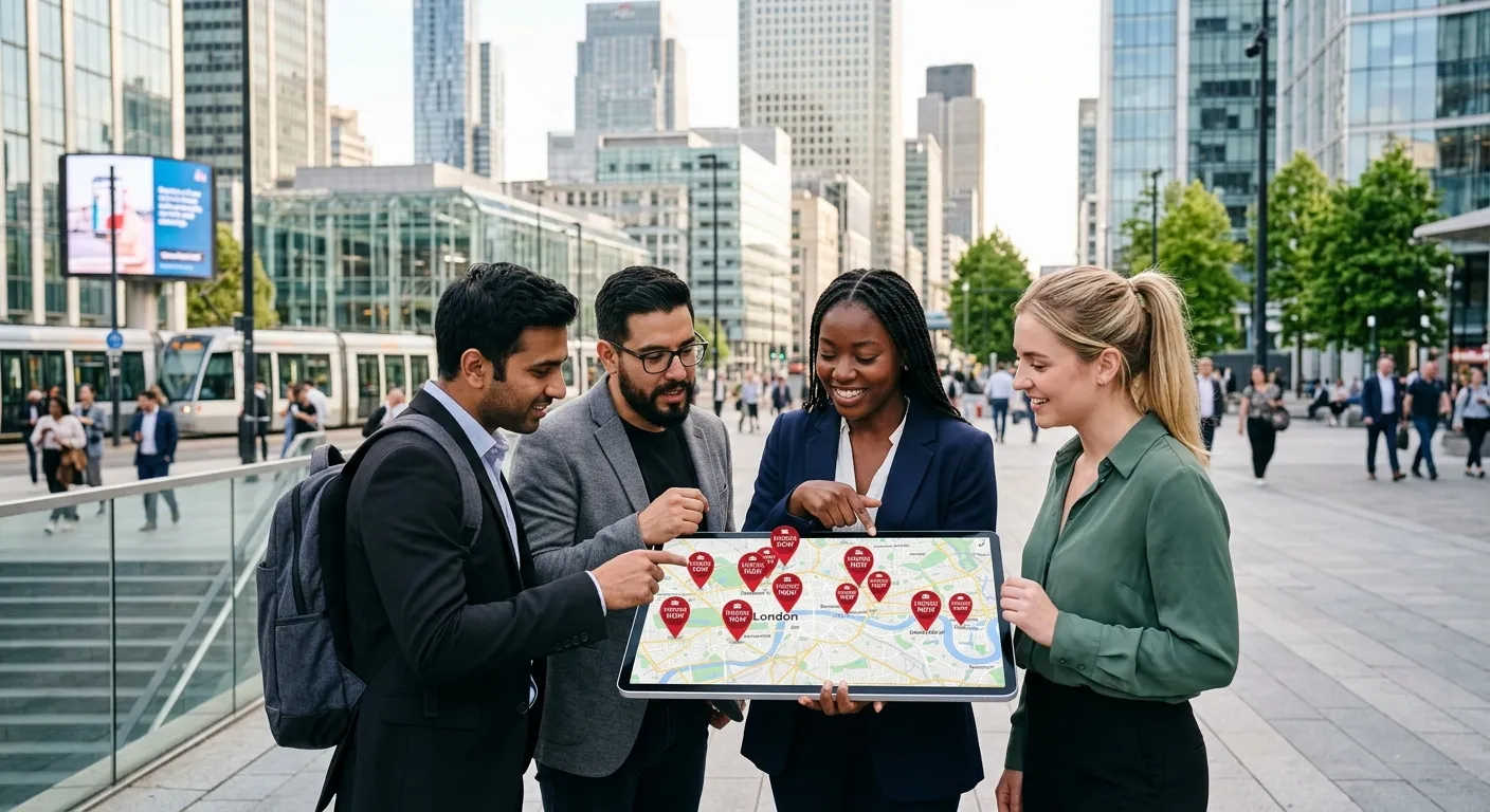 A diverse group of professionals in an urban setting looking at a large digital map on a tablet, with pins marking